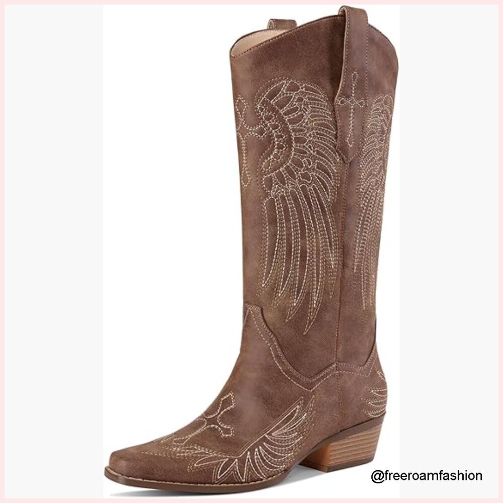 Knee High Western Boots Square Toe Chunky Heel Pull On Embroidered